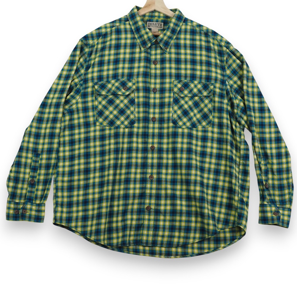 Duluth Trading Co Mens Plaid Work Shirt 2XL Button Down Teal Blue Yellow Outdoor